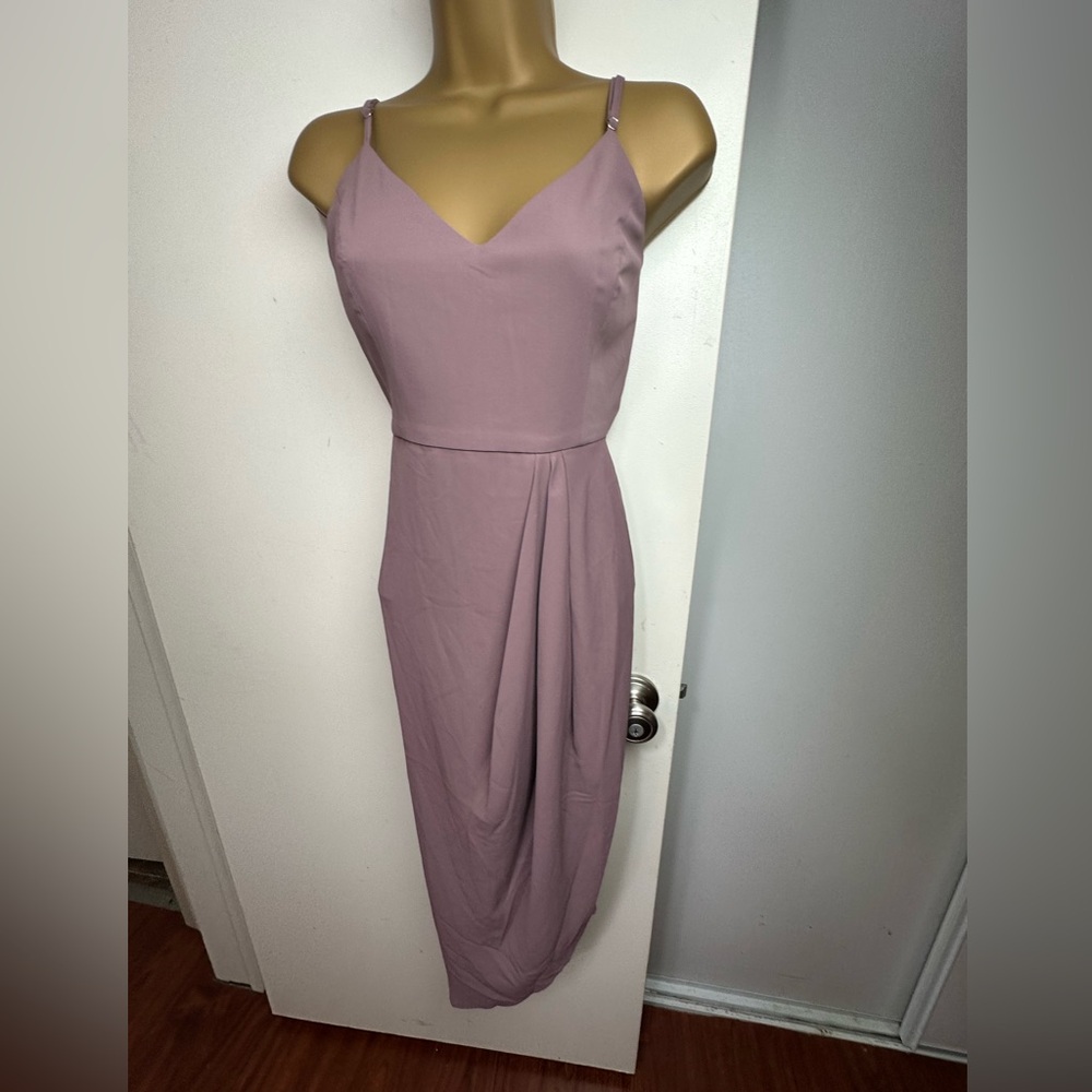 Lulus Mauve Purple Reinette Faux Wrap Silhouette Asymmetrical Midi Dress NWT M - Picture 10 of 16